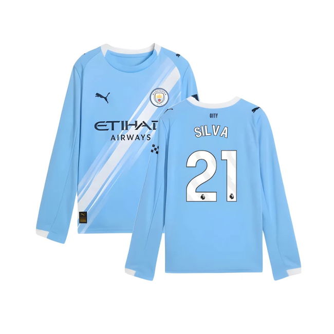classic 2025-2026 Man City Long Sleeve Home Shirt (Kids) (Silva 21)