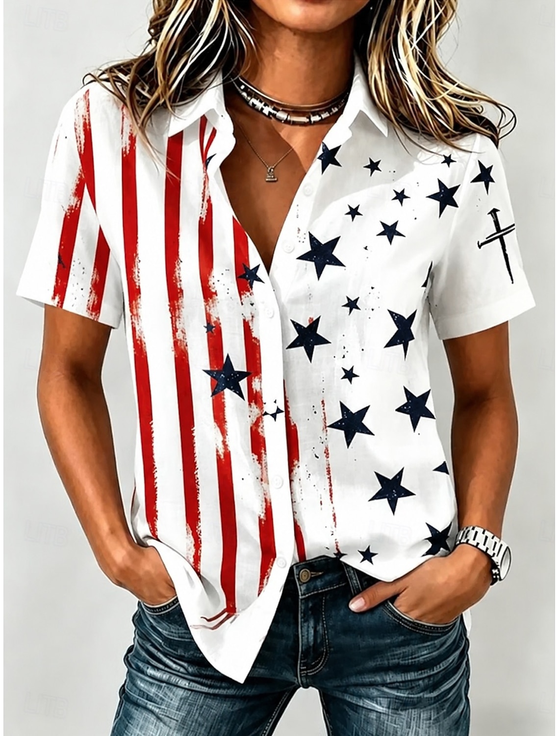 Independence Day Patriotic Women's T Shirt Graphic Flag Vintage Stylish Classic Short Sleeve V Neck Regular Tops Daily Print White Summer Spring