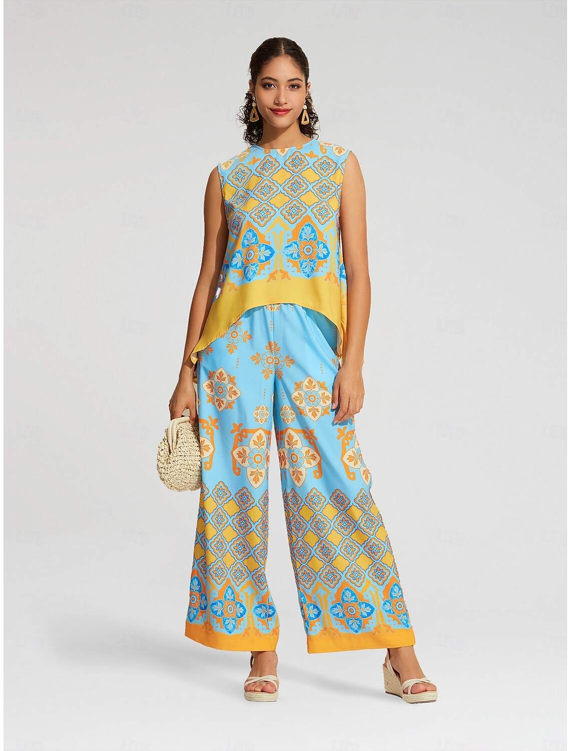 Satin Boho Double Slit Crew Neck Sleeveless Tank Top