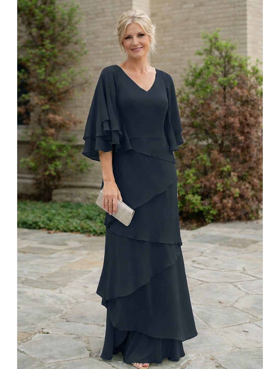 Two Piece A-Line Floor Length Wedding Guest Dress Formal Dresses Tiered Dress Mother of the Bride Dress Half Sleeve V Neck Elegant Wrap Included Wedding Guest Engagement Party Chiffon Wrap Included