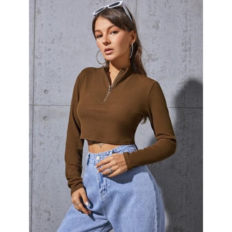 Ribbed Half Zip Crop T Shirt DN8769