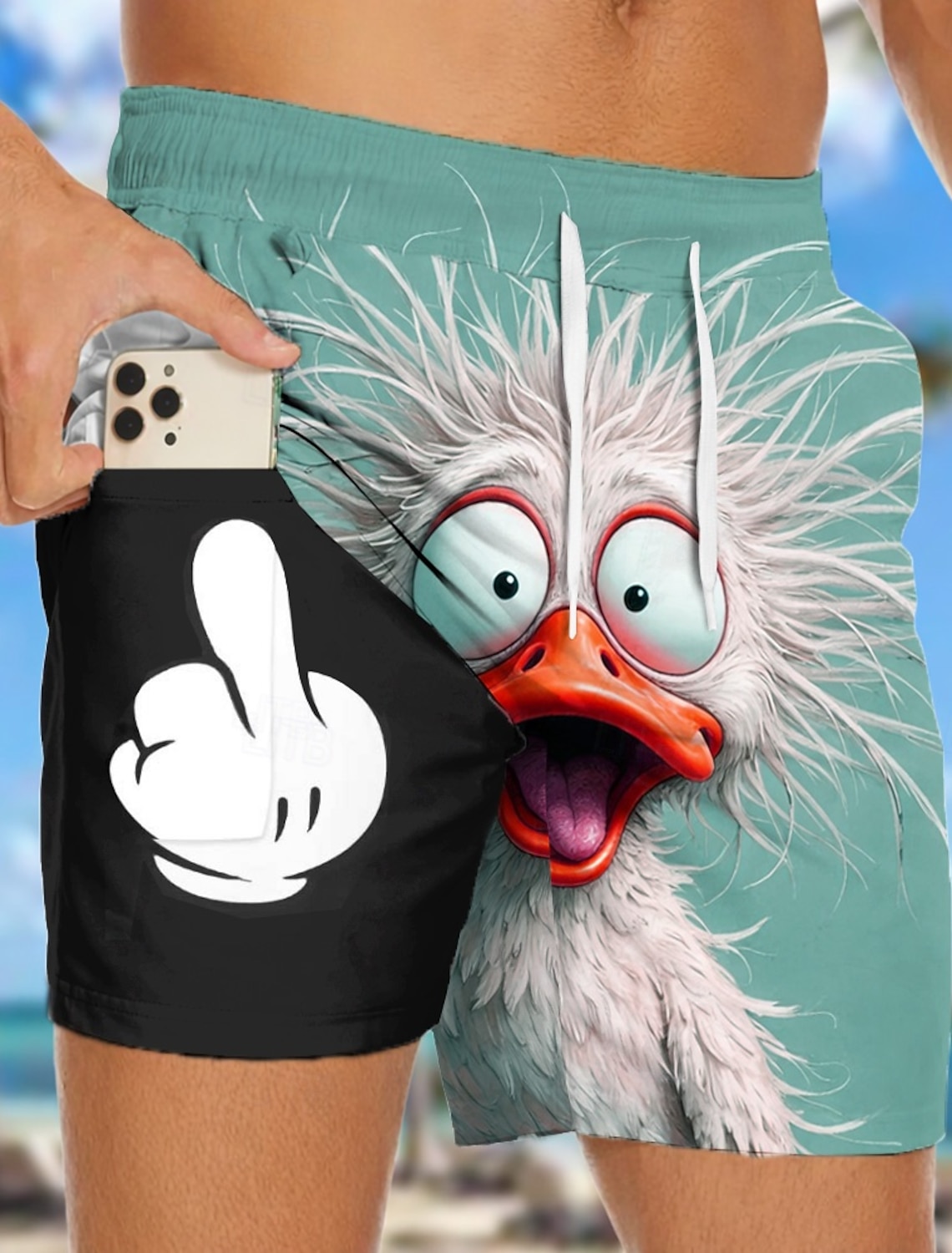 Men's Coconut Tree Funny Duck Lined Shorts 2 in 1 Board Shorts Swim Shorts Mid Waist Hawaiian Vacation Beach Wear Side Pockets With Compression Liner Elastic Drawstring Waist Designer Clothing Apparel