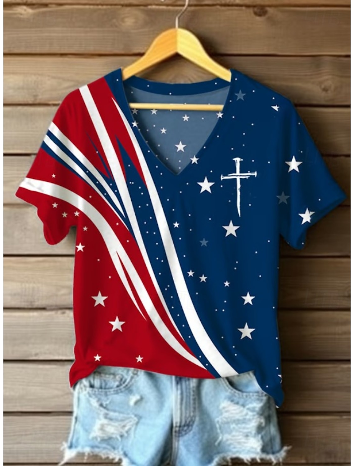 Independence Day Patriotic Women's T Shirt Graphic Flag Vintage Stylish Classic Short Sleeve V Neck Regular Tops Daily Print White Summer Spring