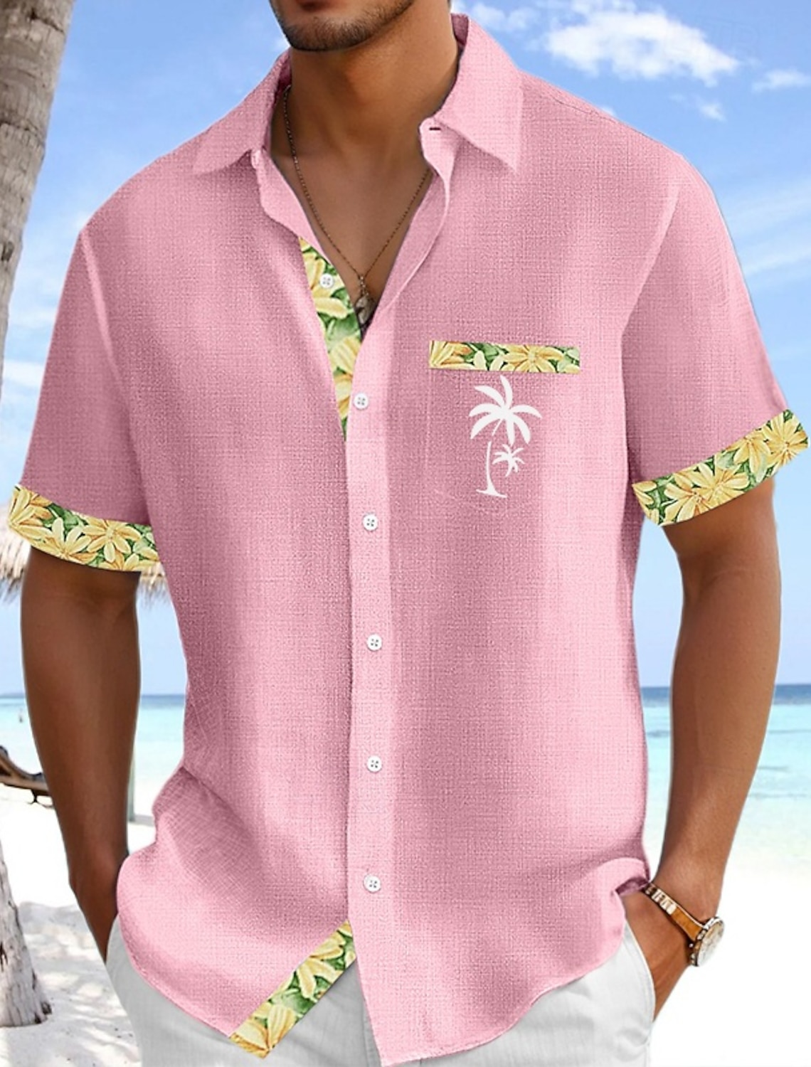 Men's Shirt Linen Shirt Summer Shirt Beach Shirt Button Up Shirt Coconut Tree Holiday Daily Wear White Pink Sky Blue Green Short Sleeve Turndown Summer Clothing Apparel Front Pocket