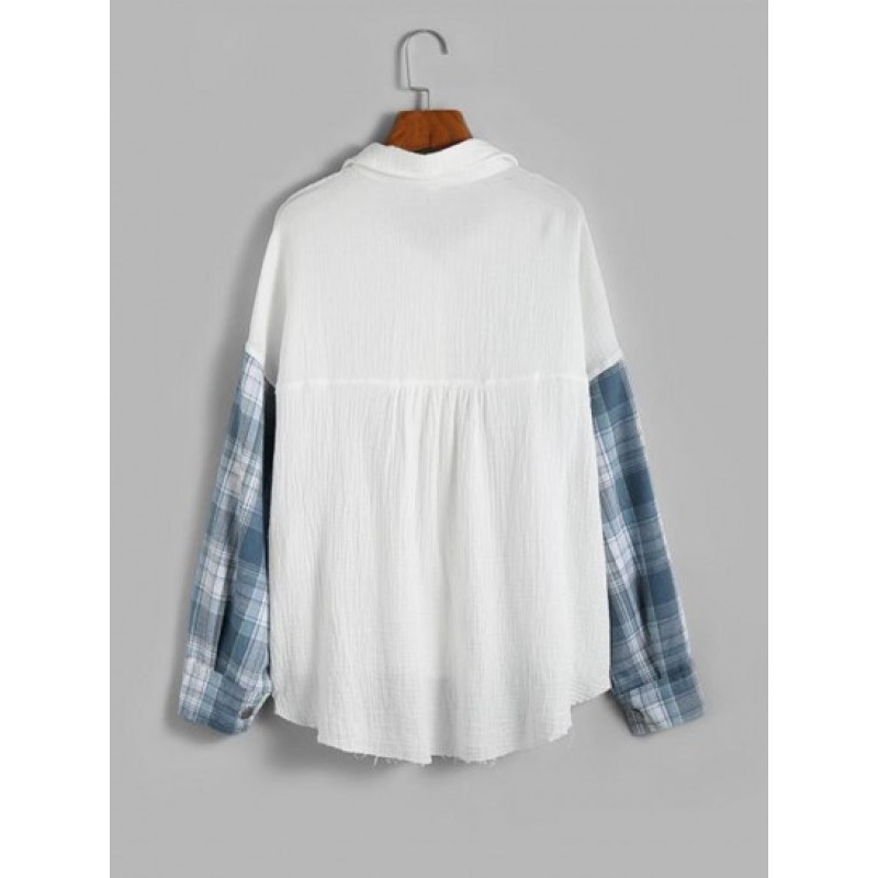 Plaid Panel Front Pockets Button Down Shirt BT6069
