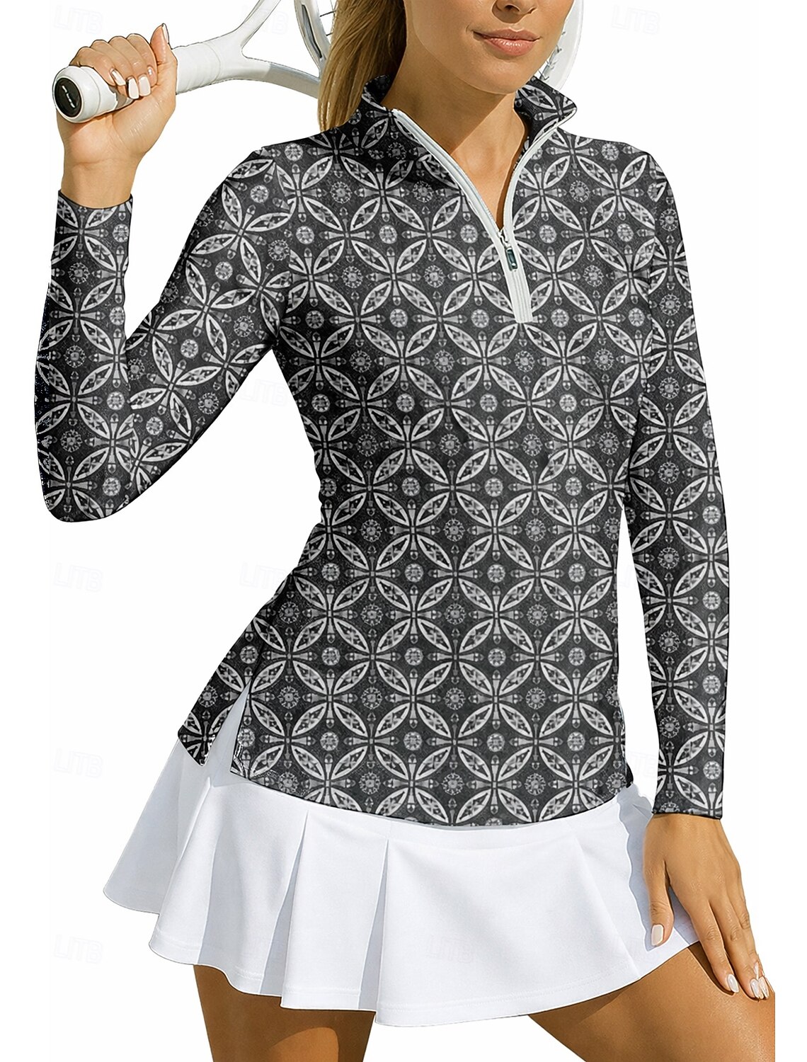 Women's Geometric Circle Sport Shirt Golf Polo Shirt Tennis Shirt Tennis Tee Long Sleeve Zipper Floral UPF50+ UV Resistant High Elasticity Moisture Wicking Breathable Tennis Golf Pickleball Stand