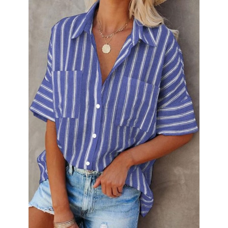Vertical Stripes Front Pockets Button Down Shirt WQ1326