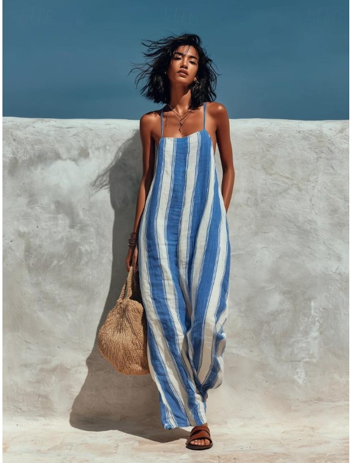 Women's Jumpsuit Vacation Full Length High Waist Striped Pocket Micro-elastic Yellow Red Royal Blue Summer Spring Loose Fit