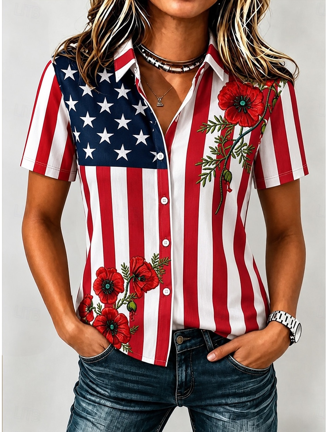 Independence Day Patriotic Women's T Shirt Graphic Flag Vintage Stylish Classic Short Sleeve V Neck Regular Tops Daily Print White Summer Spring
