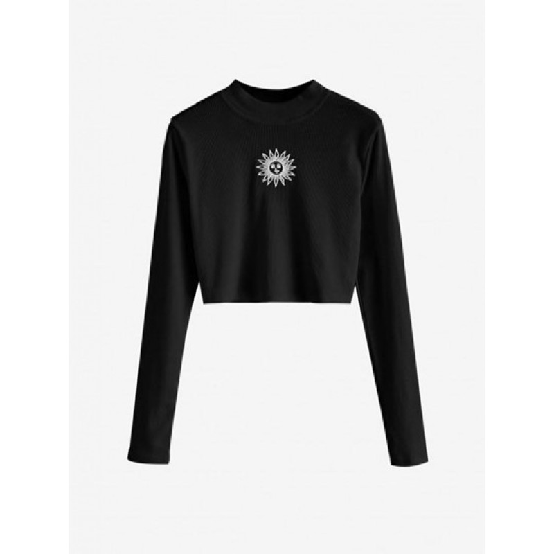 Crew Neck Sun Embroidered Crop Top FC8810