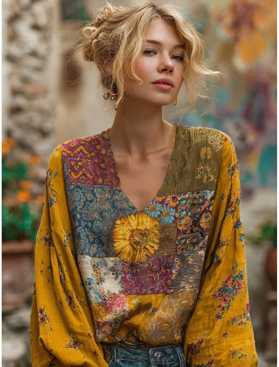 Women's Shirt Linen-feel Shirts Patchwork Buttons Print Floral Elegant Bohemia Tropical Long Sleeve V Neck Regular Tops Daily Holiday Yellow Light Blue Spring