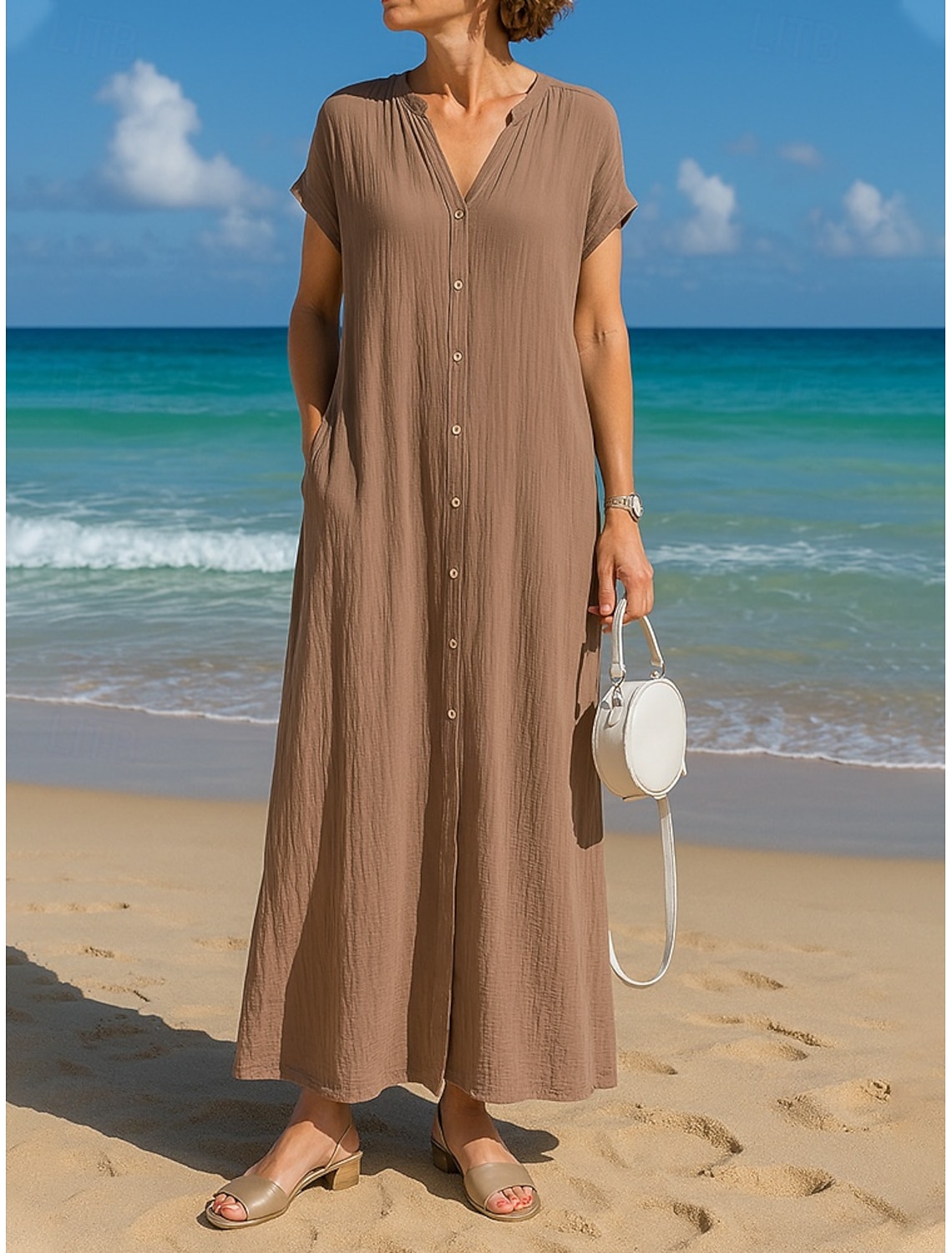 Women's Cotton Linen Maxi Dress A Line Dress Summer Dress Casual Daily Loose Fit Plain Short Sleeve V Neck Blue Black White Camel Summer