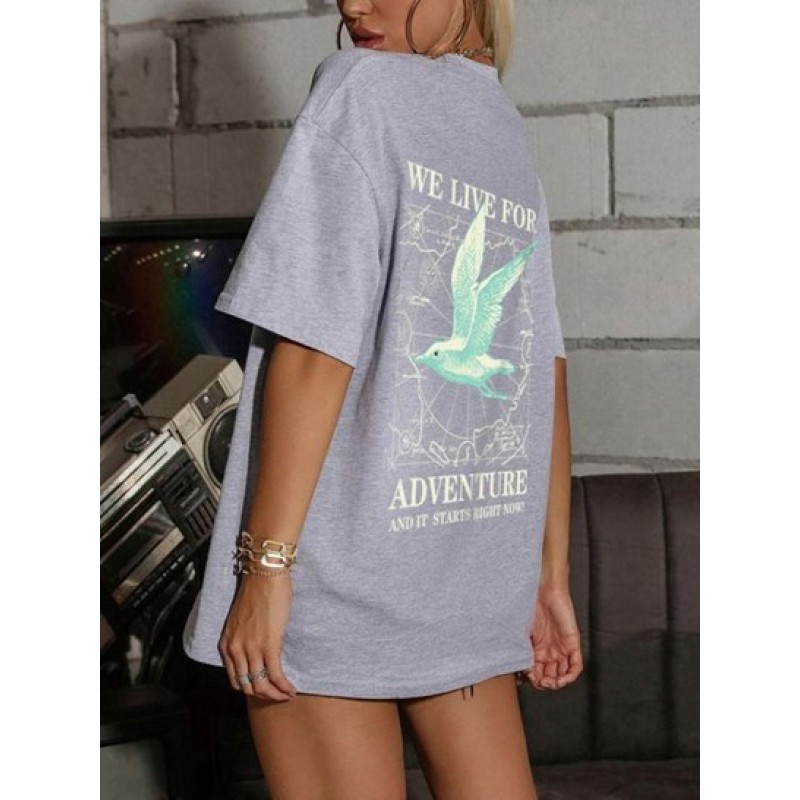 Bird Live For Adventure Print Drop Shoulder T Shirt LT2177