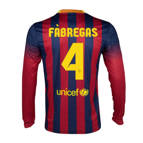 13-14 Barcelona 4 Fabregas Home Long Sleeve Soccer Jersey Shirt -