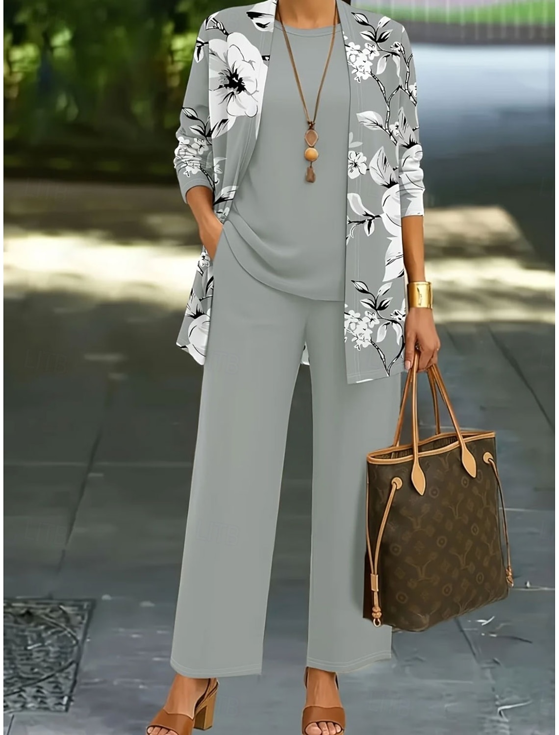 Women's Pants Sets Long Sleeve Round Neck Floral Graphic Print Fashion Streetwear Casual Daily Outdoor Blue Khaki Gray Spring & Summer Regular Fit