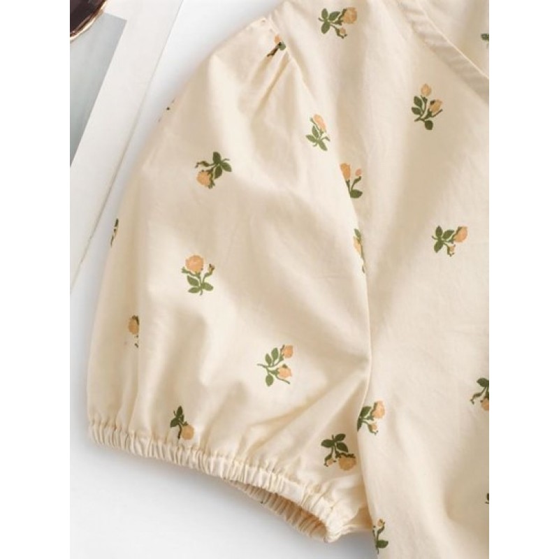 Puff Sleeve Ditsy Print Cropped Blouse QW4646