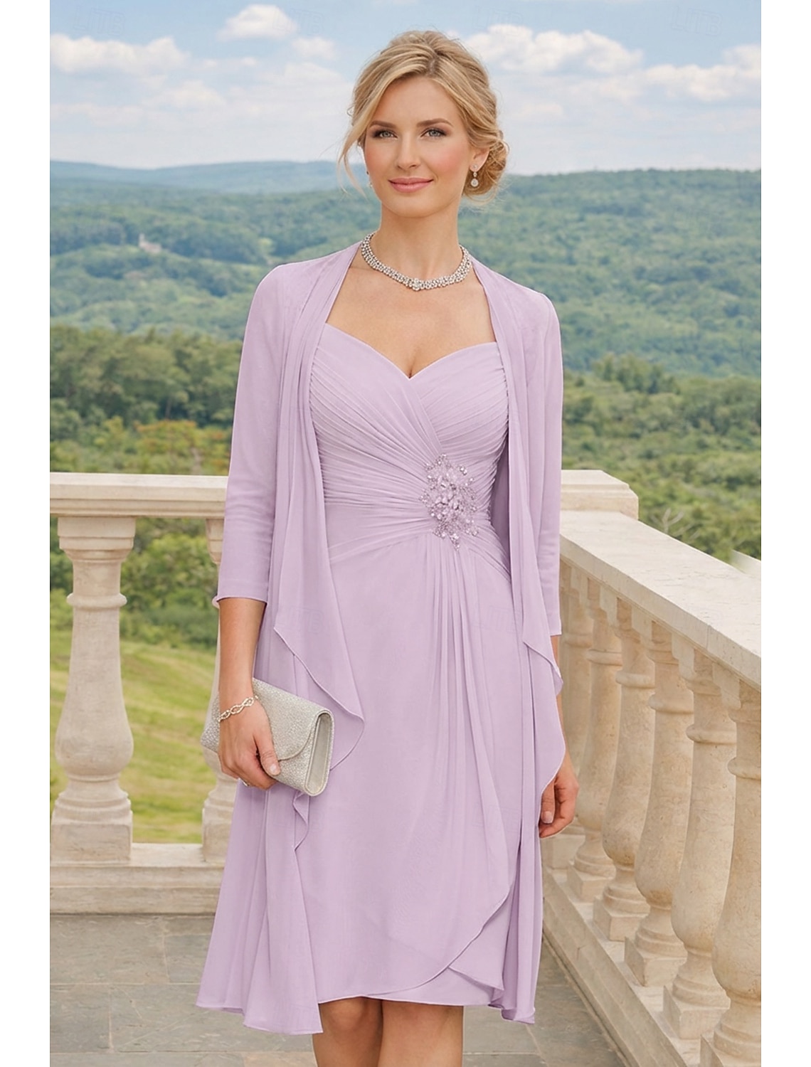 Two Piece A-Line Knee Length Wedding Guest Dress Mother of the Bride Dress Sleeveless Scoop Neck Elegant Wedding Guest Wedding Party Chiffon Lace Jacket Dresses with Pleats Appliques