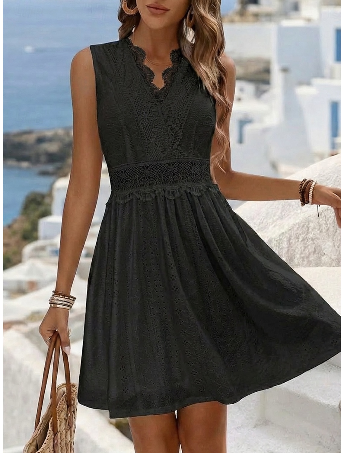 Women's Knee Length Dress Lace Dress White Dress Casual Dress Summer Dress Elegant Fashion Beach Vacation Holiday Regular Fit Floral Sleeveless V Neck Blue Black White Yellow Summer Spring