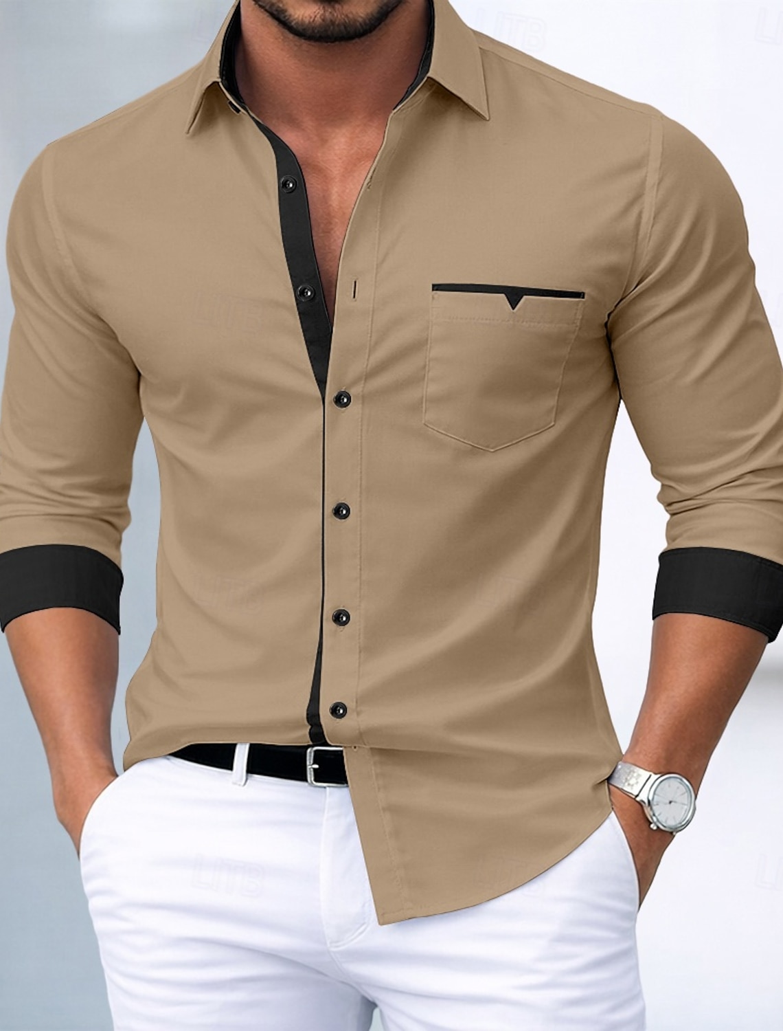 Men's Shirt Dress Shirt Button Down Shirt Non Iron Shirt Button Up Shirt Color Block Casual Daily Blue White Pink khaki Long Sleeve Turndown Spring Spring & Fall Clothing Apparel Patchwork