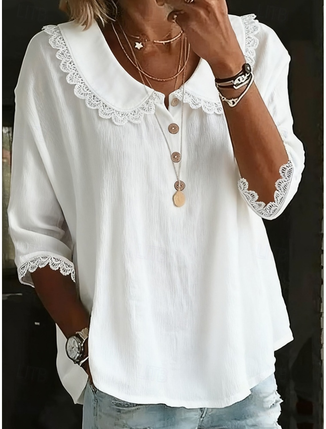 Women's Popover Shirt Summer Shirt Casual Shirt Blouse Lace Trim Solid Color Vacation Stylish Casual 3/4 Length Sleeve Turndown Regular Tops Daily Outdoor Holiday Blue White Yellow Pink Summer Spring