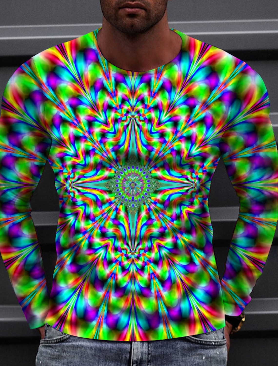 Men's Optical Illusion T Shirt Long Sleeve T shirt 3D Print Crew Neck Shirt Sports Fashion Sportswear Outdoor Vacation Street Red Blue Green Fall Clothing Apparel S M L XL XXL XXXL 4XL