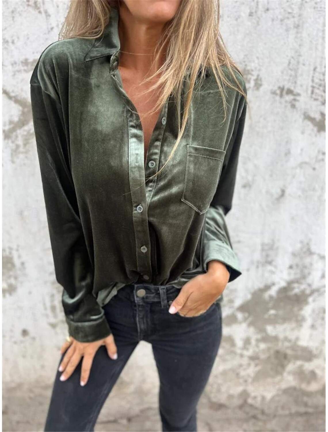 Women's Shirt Blouse Basic Casual Solid Color Regular Tops Long Sleeve Shirt Collar Buttons Regular Fit Daily Fall Winter