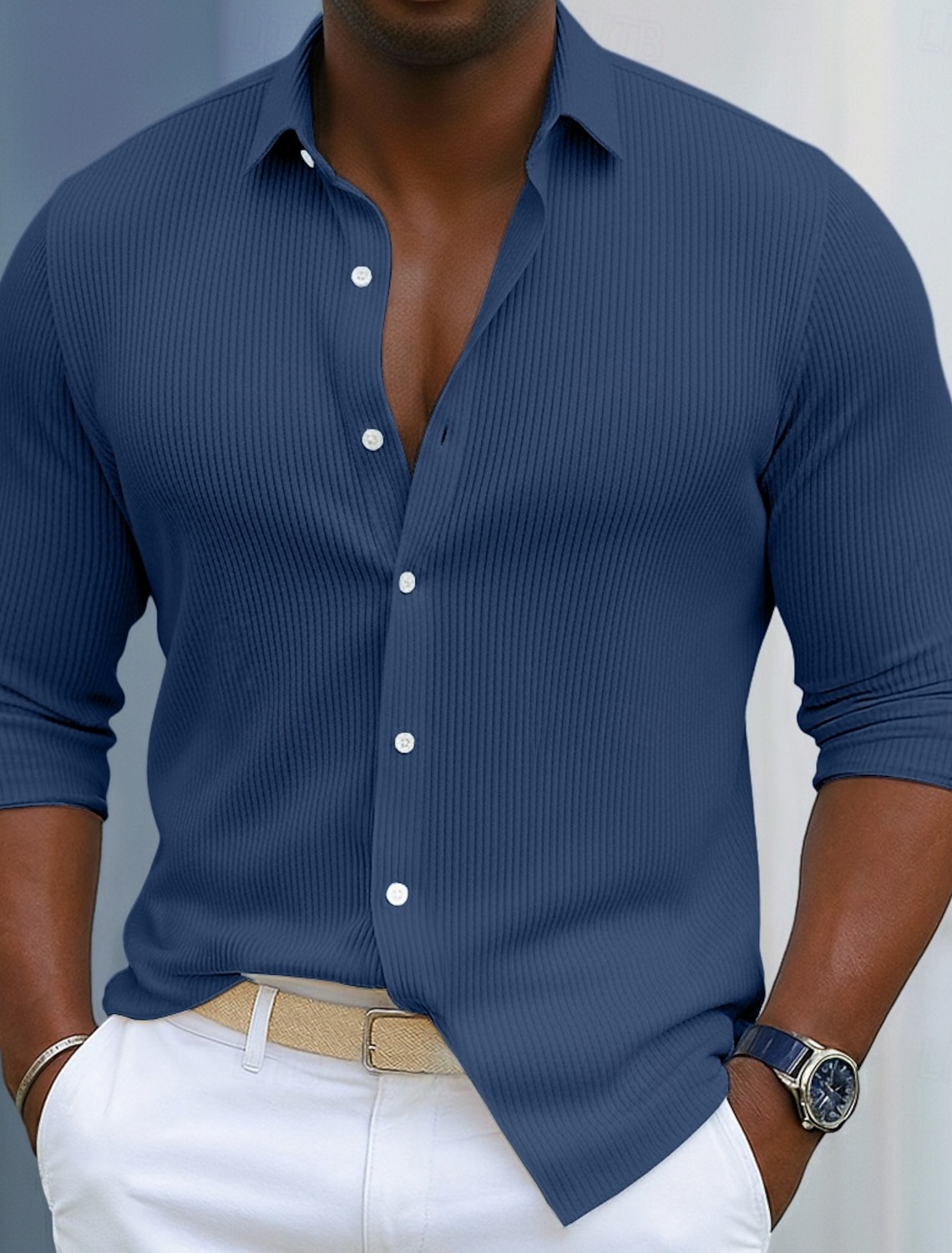 Men's Shirt Corduroy Button Up Blue Black White Navy Purple Long