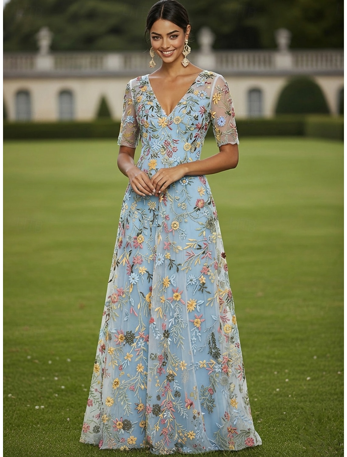 A-Line Dress Tea Length Cocktail Dress Wedding Guest Dress Mother of the Bride Dress Half Sleeve Crew Neck Boat Neck Elegant Casual Formal Kentucky Derby Semi Formal Tulle with Embroidery Appliques