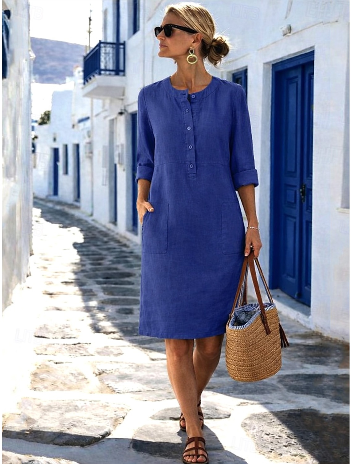 Women's Midi Dress Linen-feel Dresses Shift Dress Casual Daily Regular Fit Plain Long Sleeve Crew Neck Blue Black White Royal Blue Summer Spring Fall