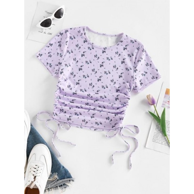 Floral Ribbed Cinched Tie Baby Tee OI5799