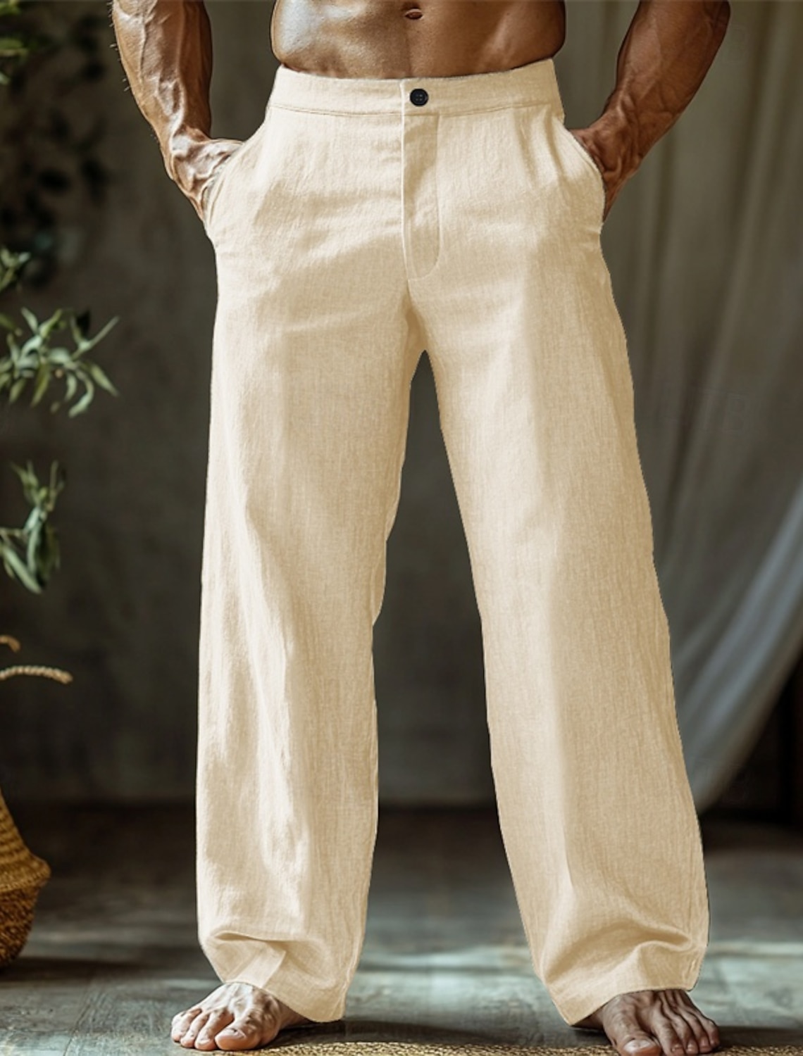 Men's Linen Pants Trousers Summer Pants Beach Pants Buttons Pocket Straight Leg Plain Comfort Breathable Vacation Daily Holiday Hawaiian Boho Black White