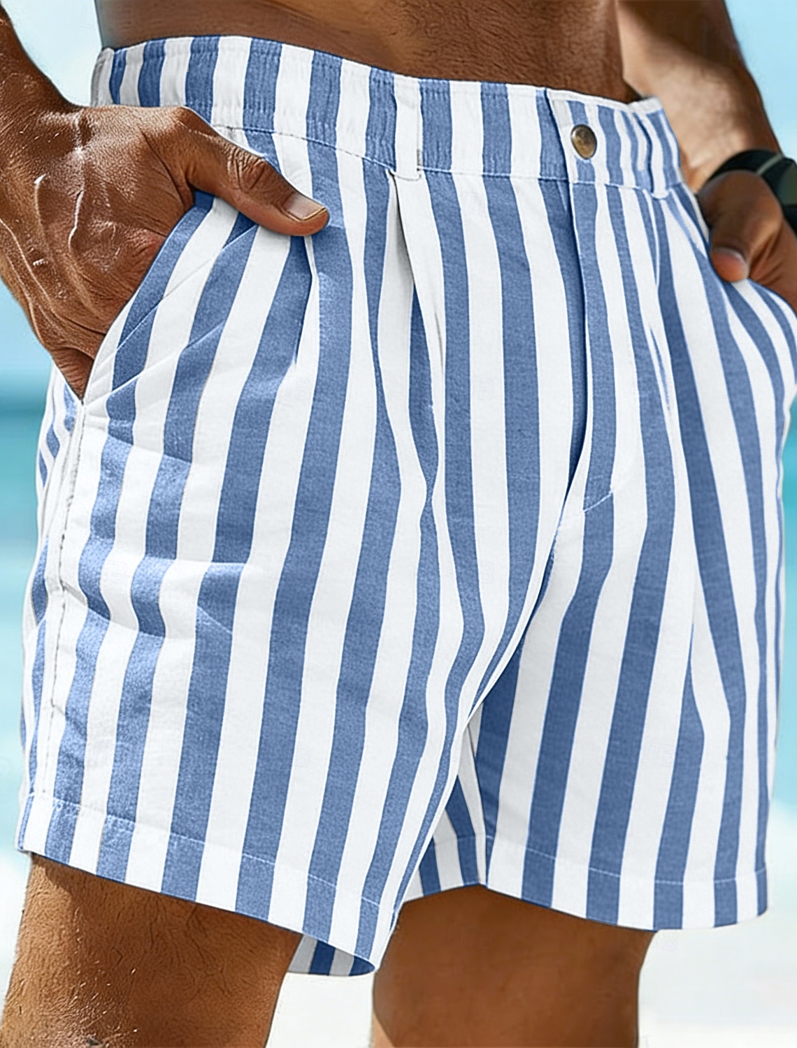 Men's Shorts Linen Summer Beach Pocket Elastic Waist Striped Comfort