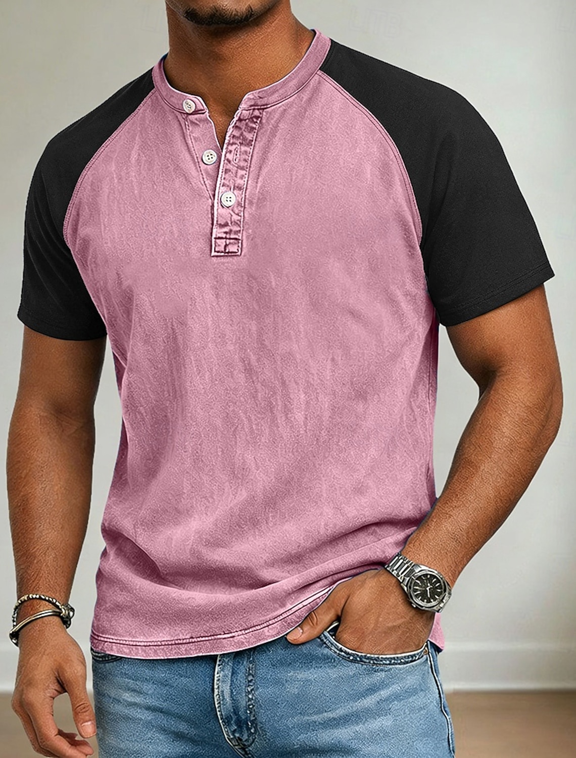 Men's Henley Shirt 100% Cotton Acid Wash Short Sleeve Spring & Summer