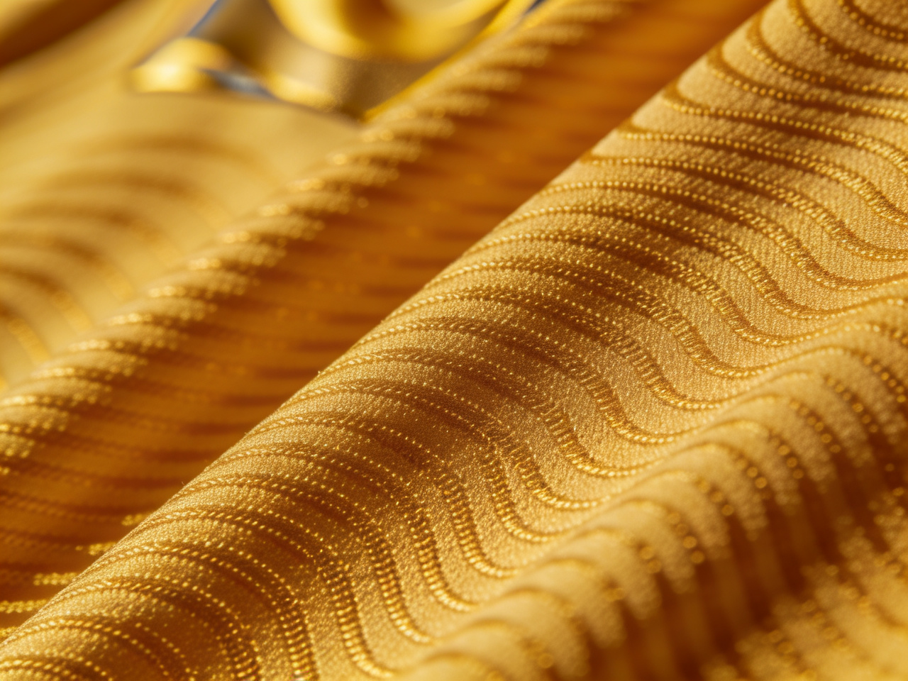 Close-up texture of Nashville SC&lsquo;s unique &lsquo;Acoustic Gold&rsquo; home jersey fabric, featuring a pattern inspired by sound waves.