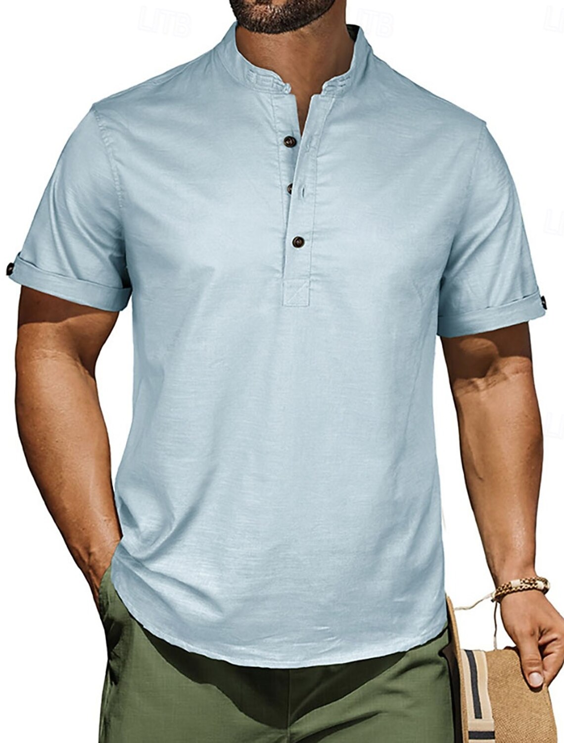 Men's Waffle T-shirt Linen Shirt T Henley Short Sleeve Stand Collar