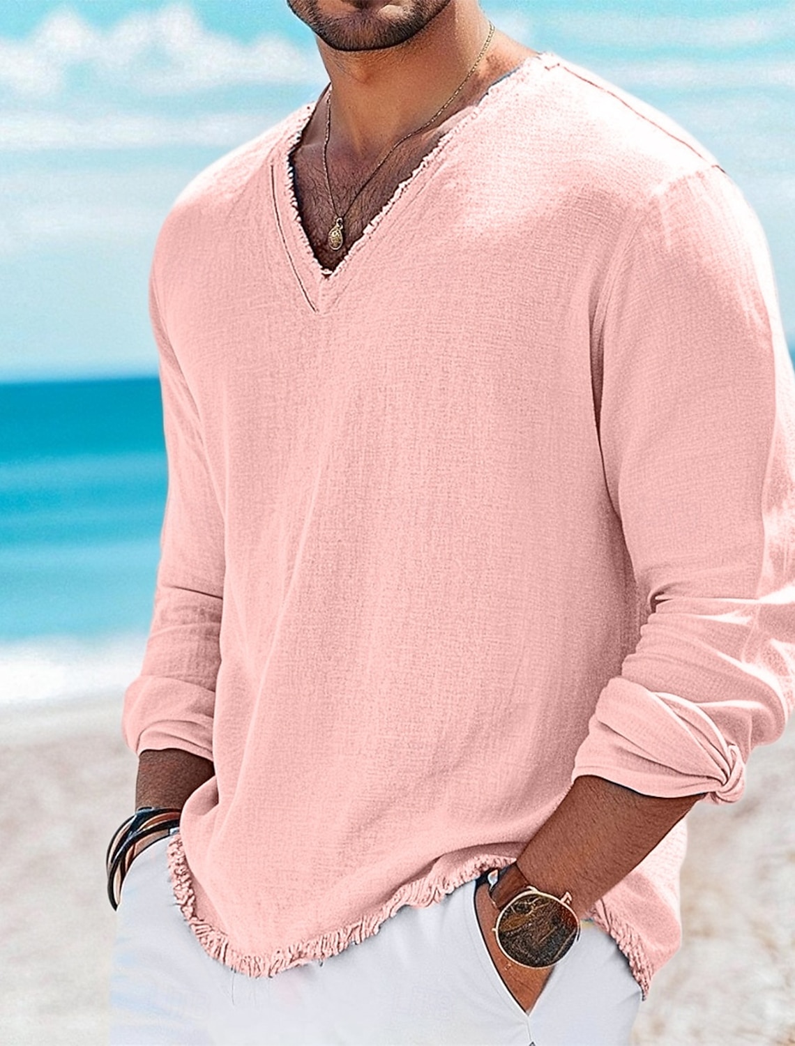 Men's Henley Shirt Tee Top Linen T-Shirt Long Sleeve Solid Color Plain