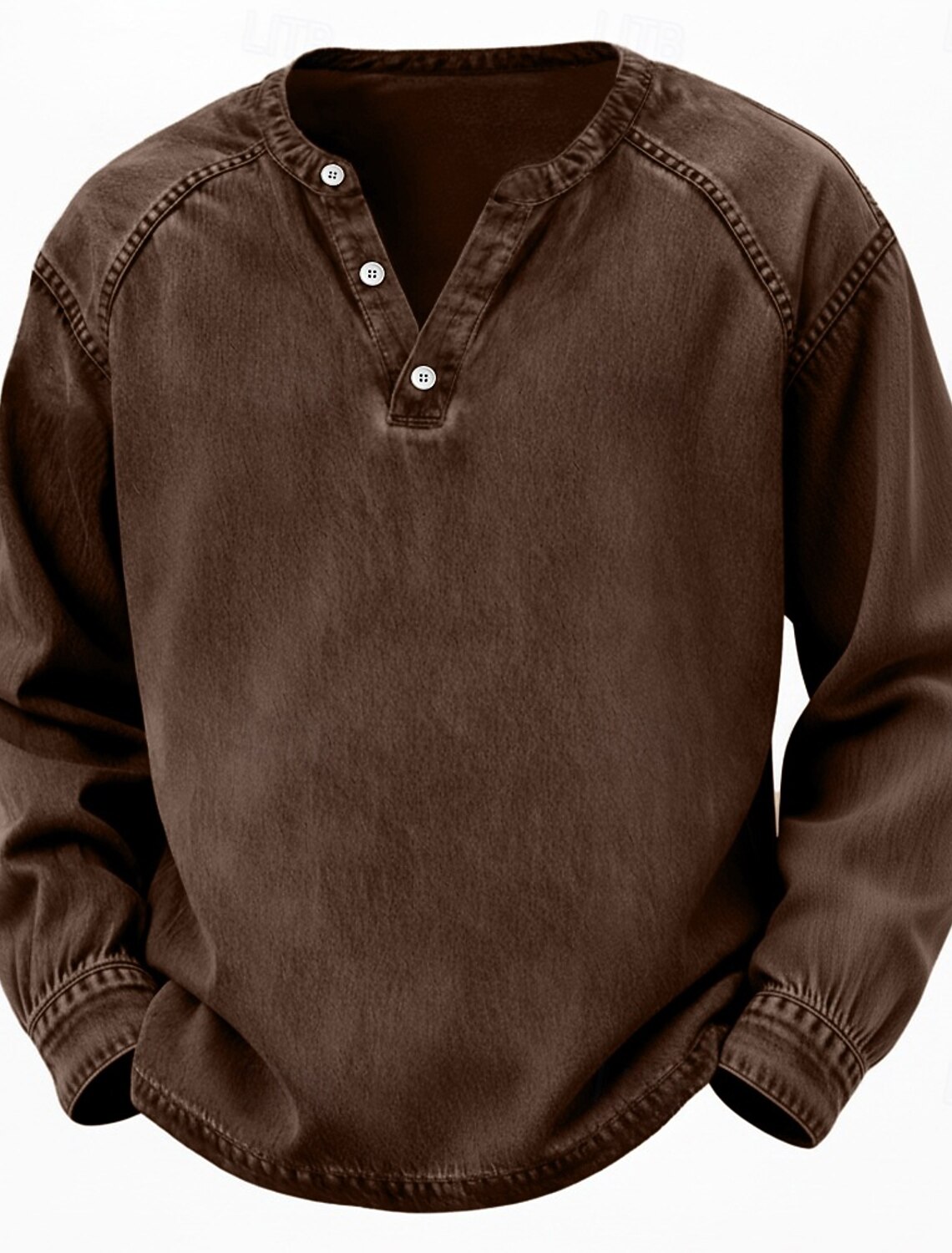 Men's T Shirt Henley 100% Cotton Acid Wash Tee Top Long Sleeve Plai #2