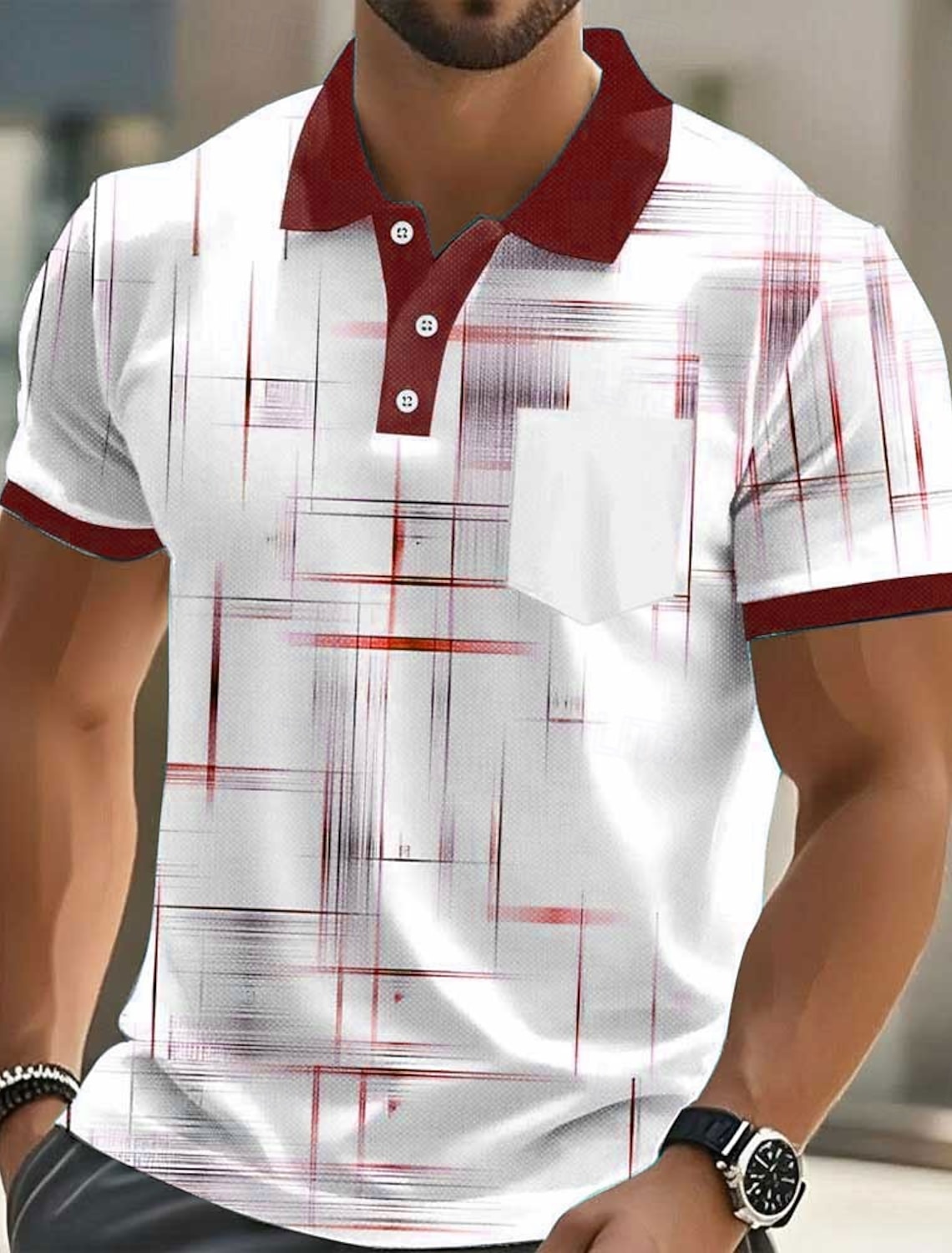 Men's Geometic Line Polo Short Sleeve Shirts Collared Business Casu #1