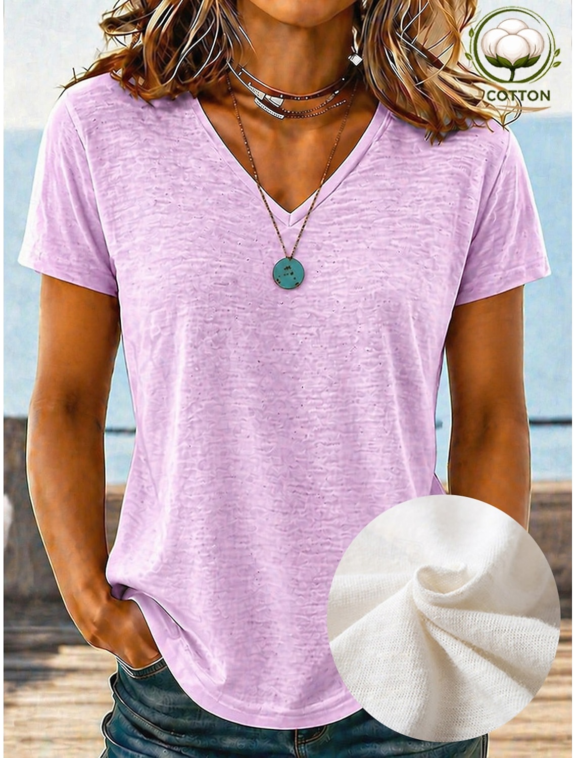 Women's Shirt Texture Blouse Summer Tops Plain Stylish Classic Short Sleeve V Neck Long Tops Casual Light Beige Light Green Light Purple Summer Spring