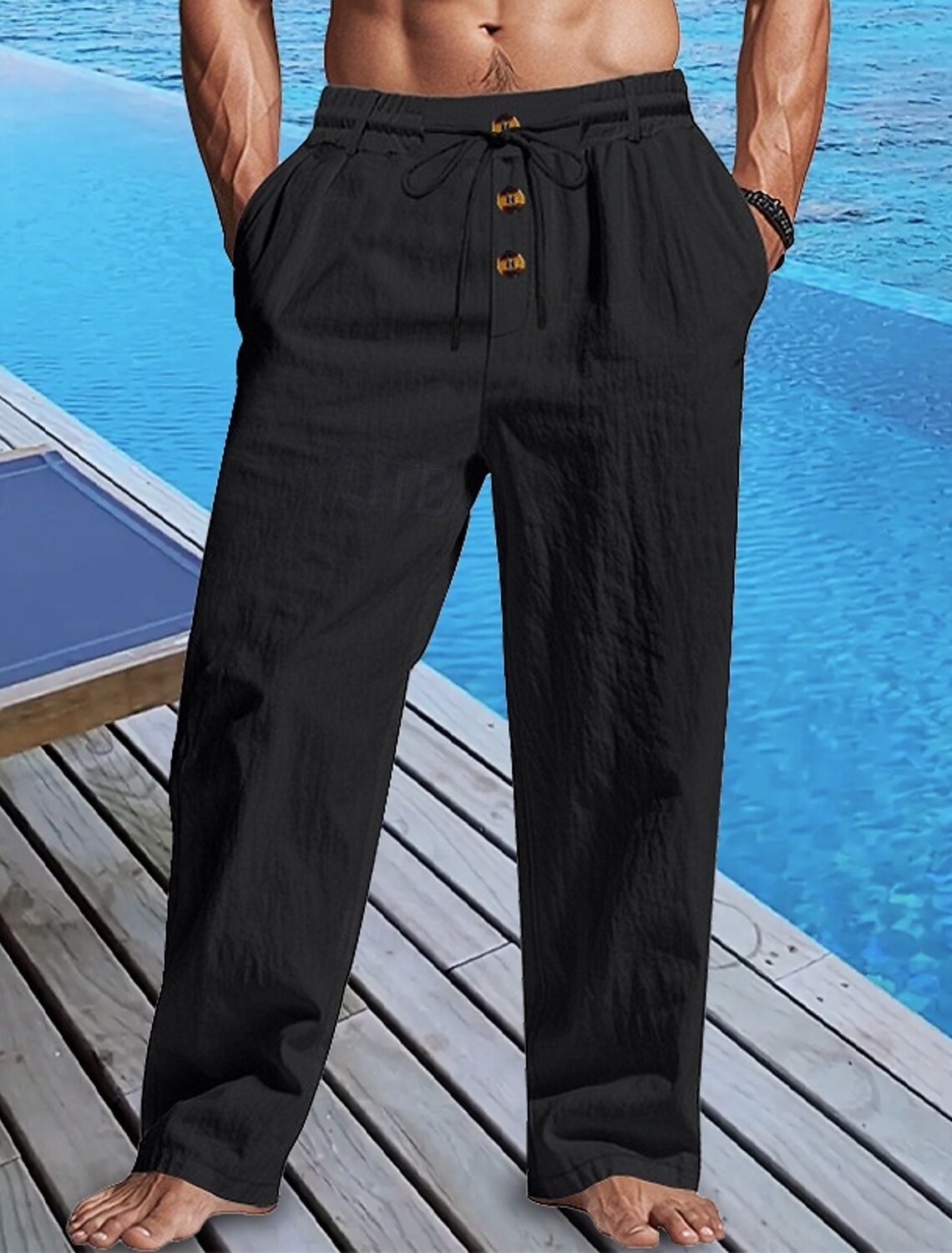 Men's Linen Pants Trousers Summer Beach Buttons Pocket Drawstring