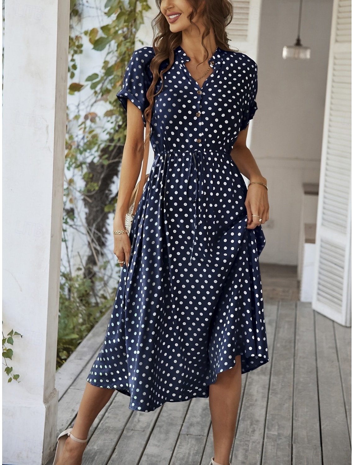 Women's Midi Dress A Line Dress Vacation Casual Outdoor Going out Regular Fit Polka Dot Short Sleeve Turndown Blue Navy White Pink Summer Spring