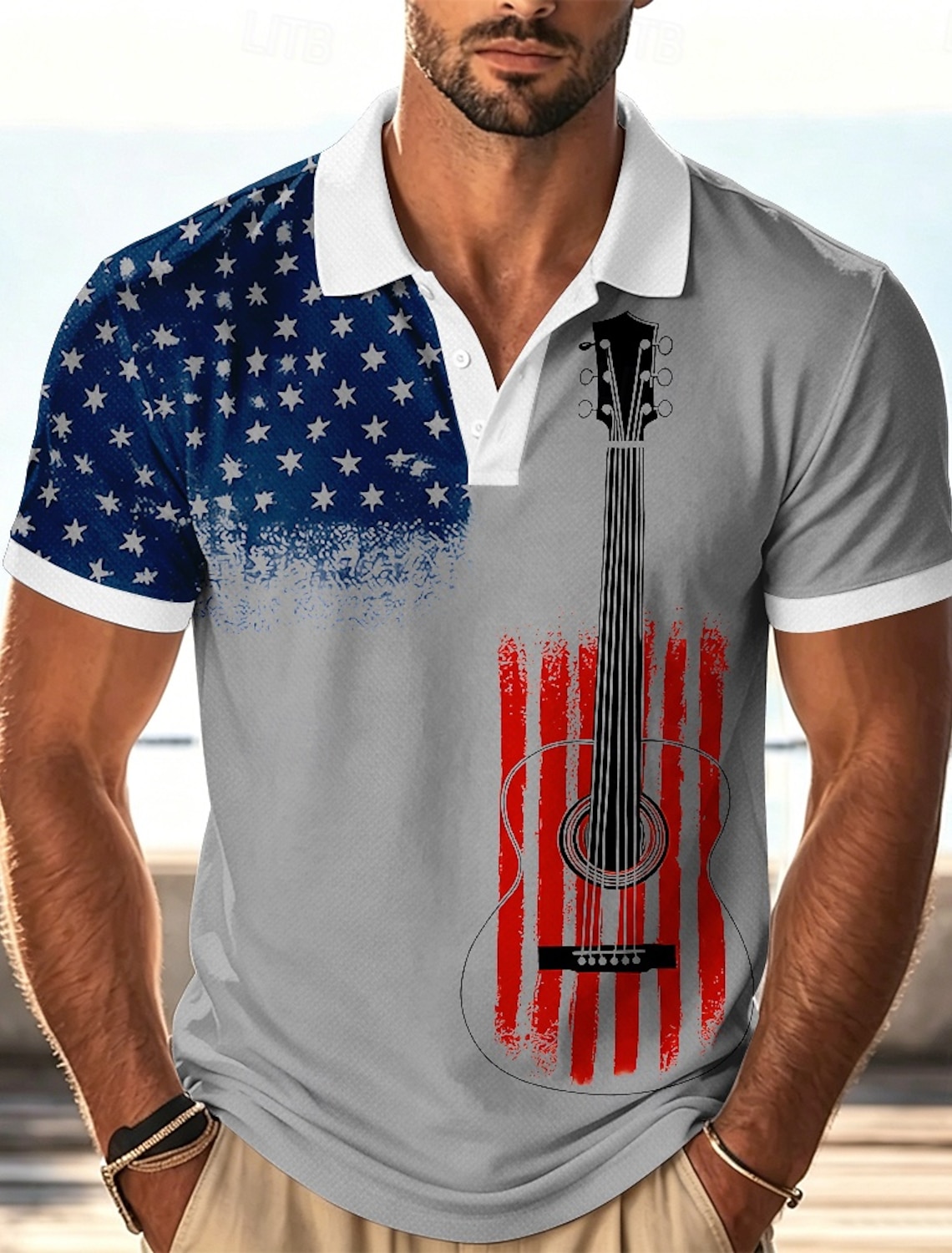 4th of July 2026 250th Men's American US Flag Guitar Polo Shirts Short Sleeve Polo Shirts Collared Shirts Casual Athleisure Festival Wear 3D Print Buttons Breathable Mesh Summer Spring Blue White