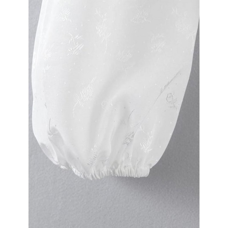 Flower Jacquard Lace Insert Pintuck Smocked Crop Blouse YN5246