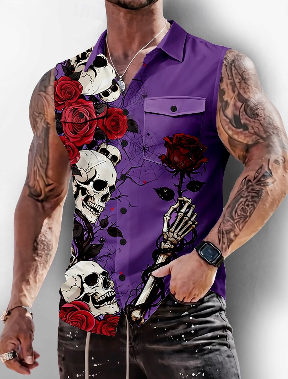 Men's Skeleton Rose Skulls Shirt Button Up Sleeveless Dark Gothic