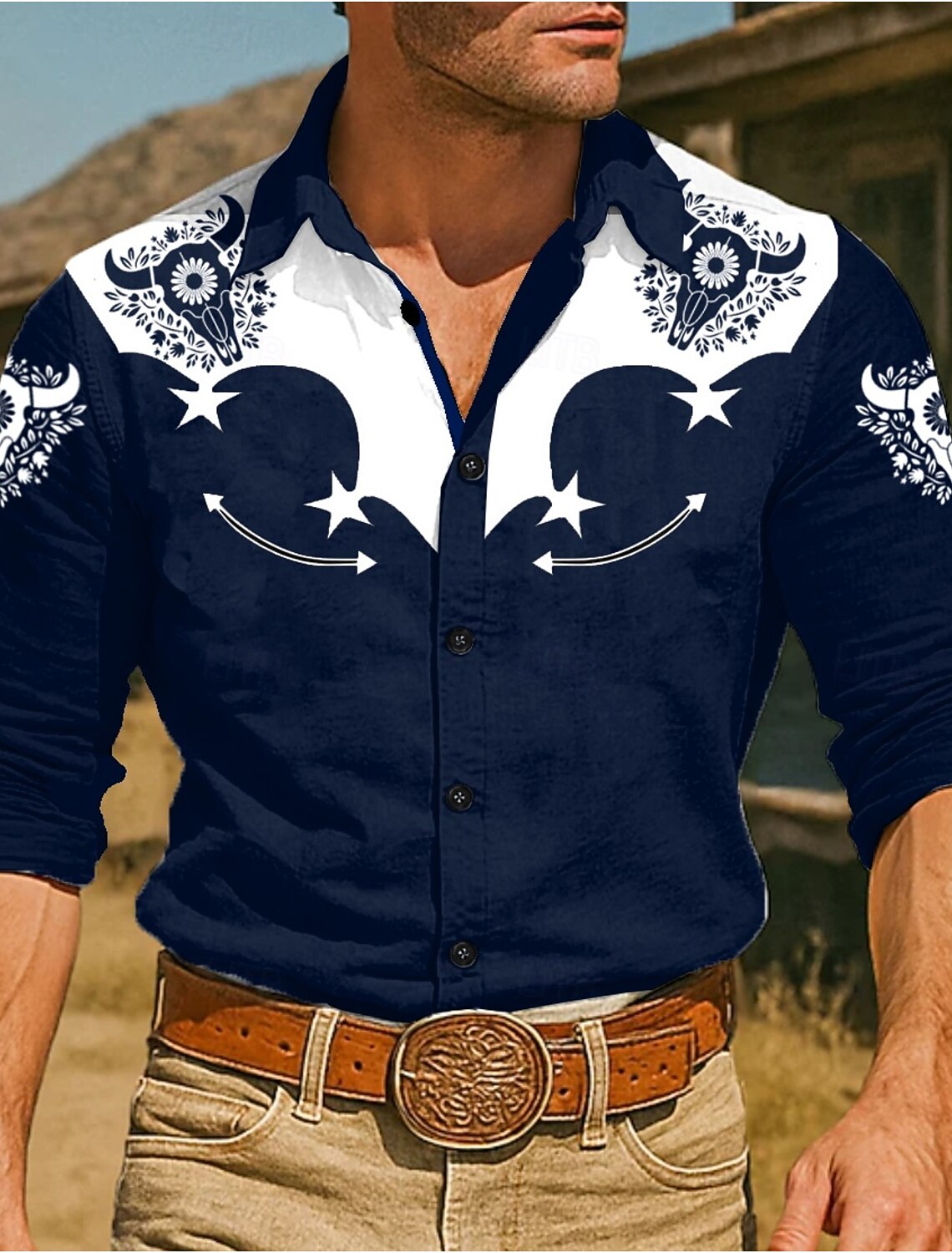Men's Floral Print Cow Flowers Shirt Western Cowboy Long Sleeve