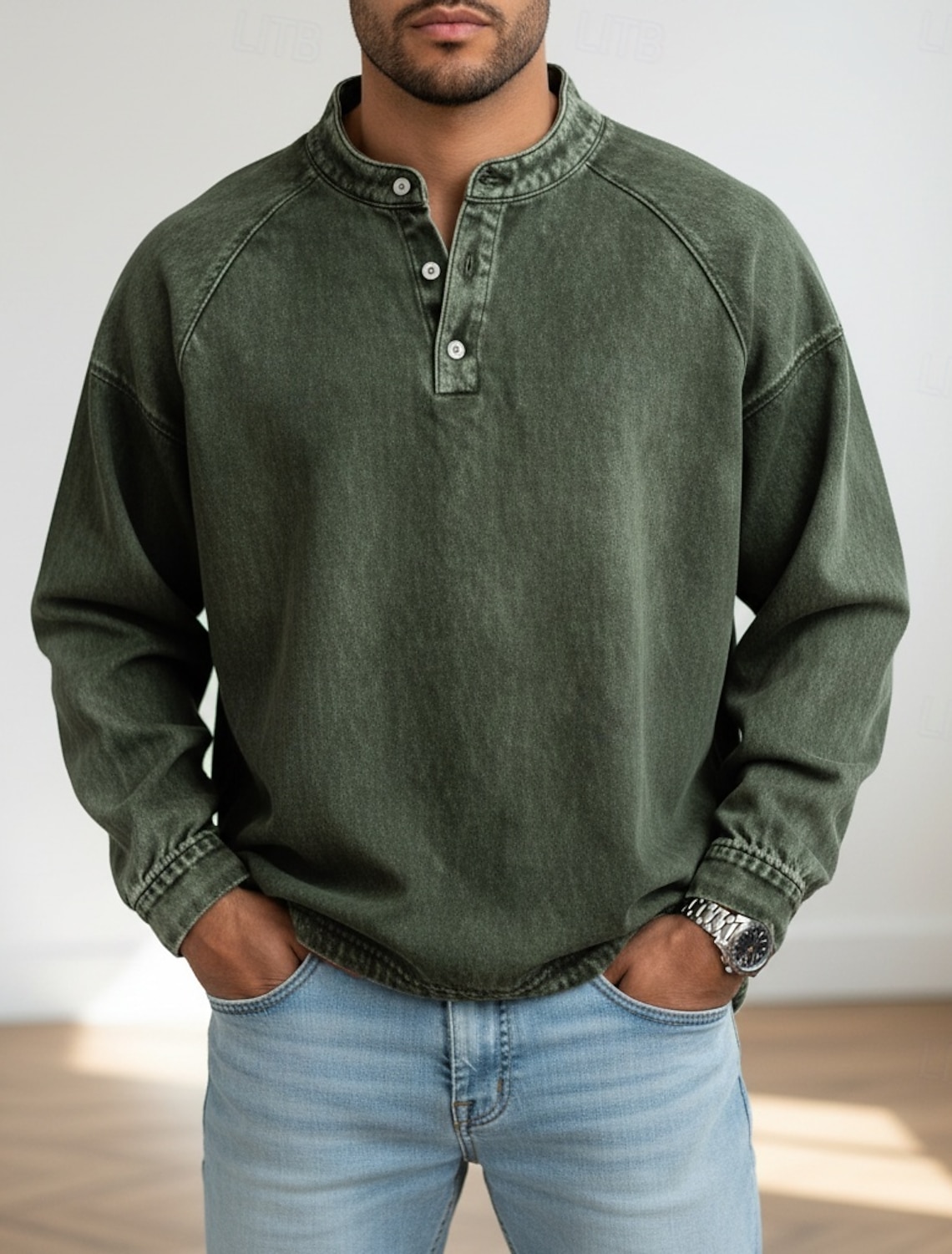 Men's T Shirt Henley Denim 100% Cotton Acid Wash Tee Top Long Sleeve