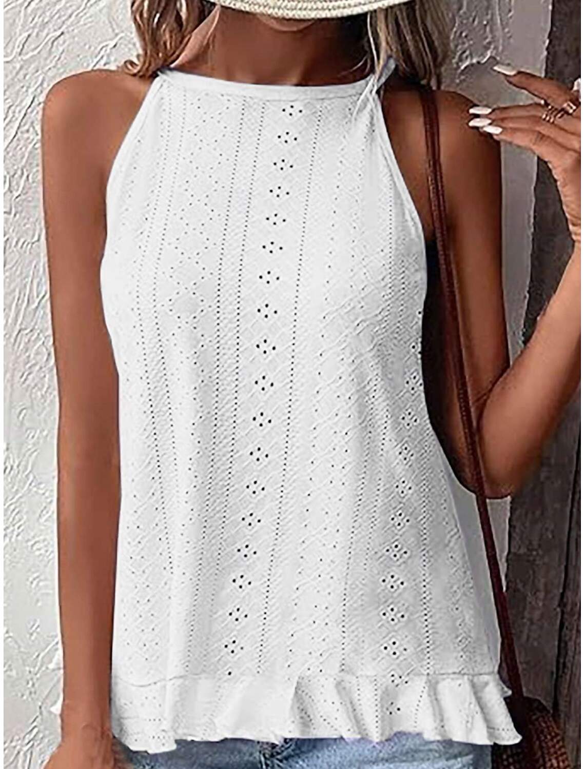 Women's Shirt Blouse Stylish Casual Solid Color Regular Tops Sleeveless Halter Neck Eyelet Regular Fit Daily Summer