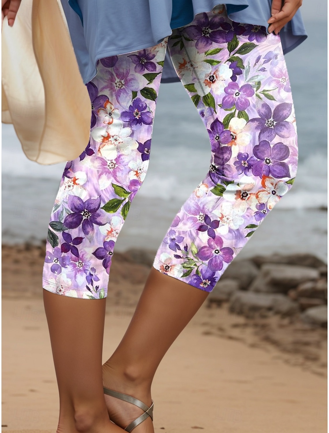 Women's Leggings Capri Pants High Elasticity Vacation Fashion Hawaiian Calf-Length Mid Waist Floral Graphic Printing Breathable Soft Vacation Casual Daily Light Blue Summer Spring Regular Fit