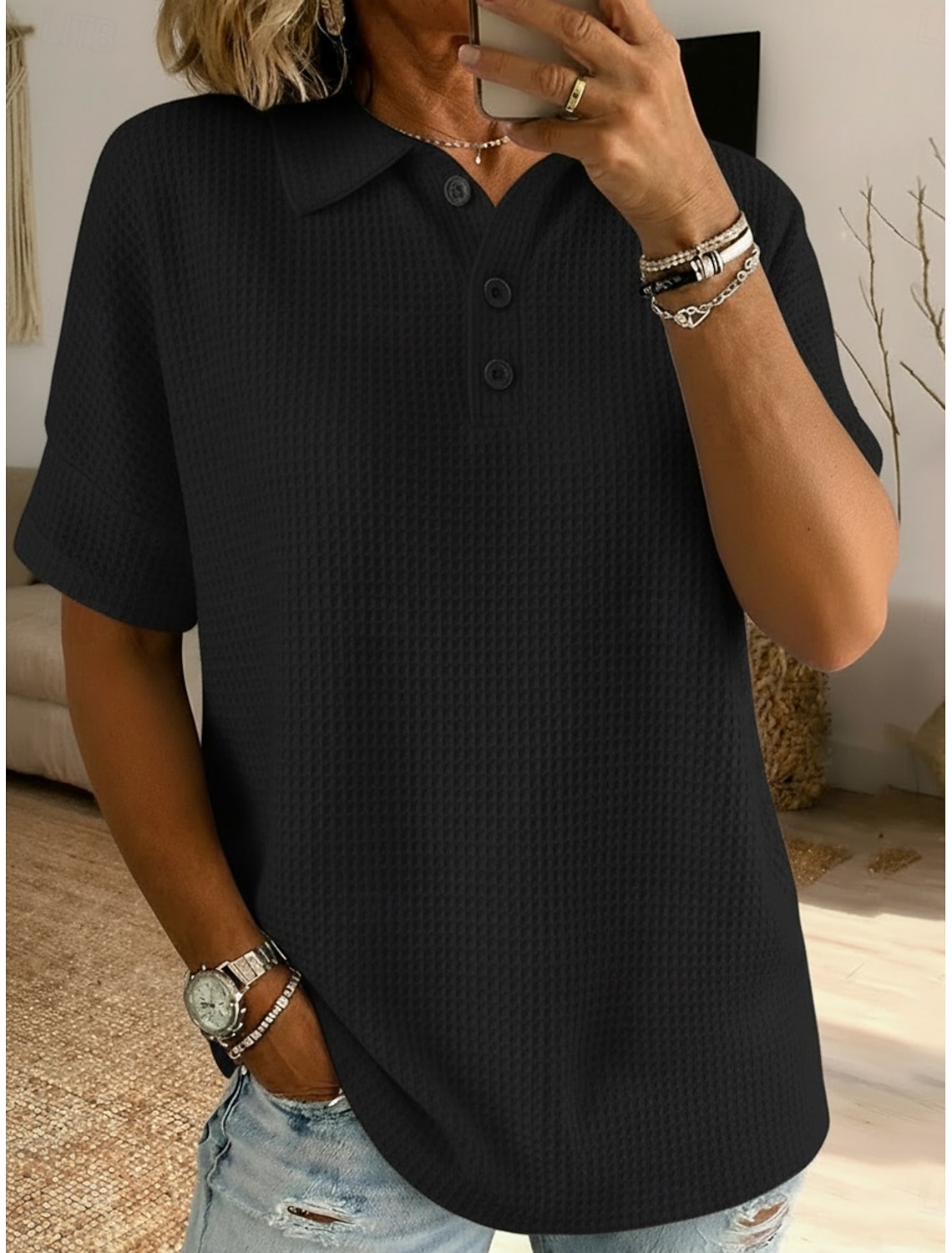 Women's Waffle Shirt T Shirt Polo Shirts Tee Buttons Plain Stylish Classic Modern Short Sleeve Shirt Collar Regular Tops Daily Holiday Going out Black White Red Sky Blue Summer Spring