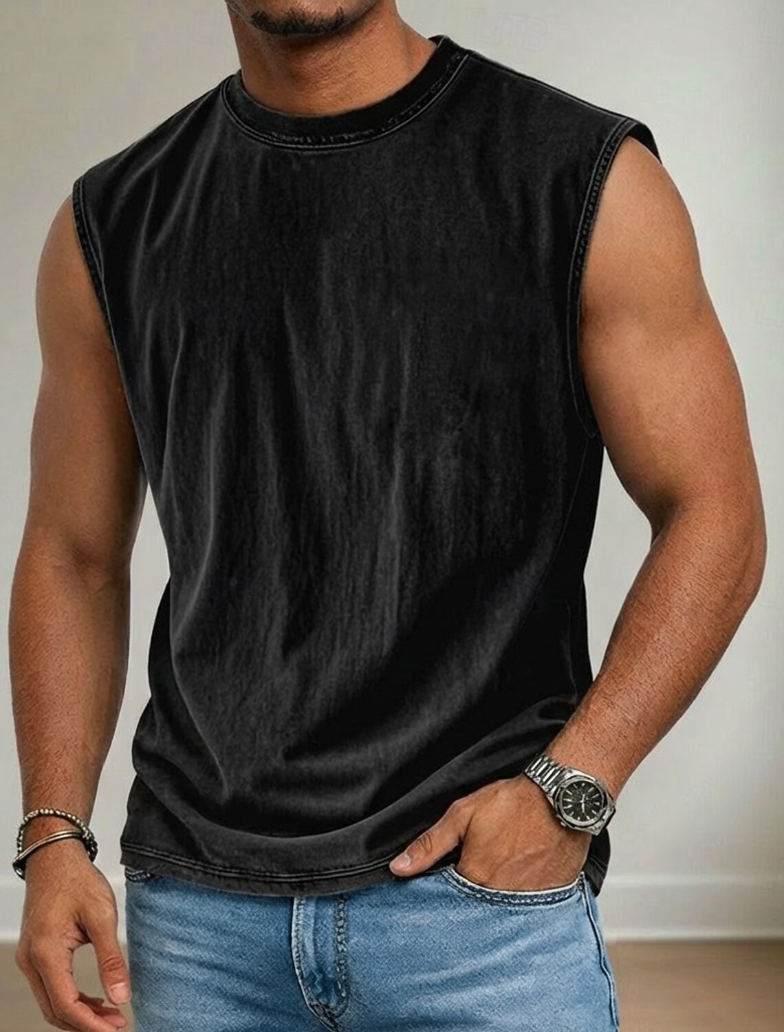 Men's Tank Top Acid Wash Vest Undershirt Sleeveless Shirt Crew Neck